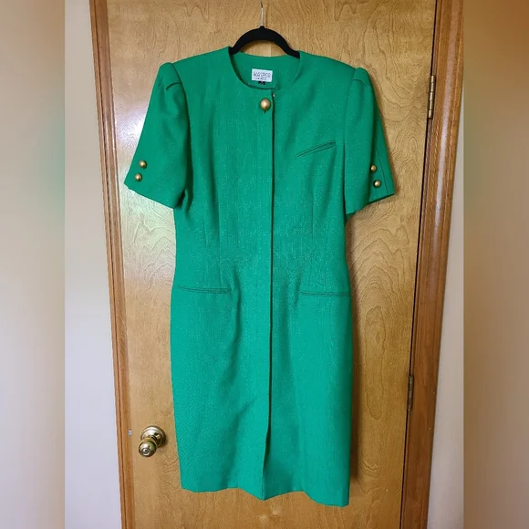 Vintage Kasper Green Sheath Dress with Mandarin Collar